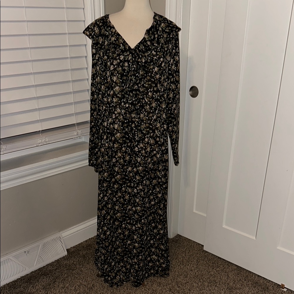 Vintage Styleworks Floral Black‎ Dress Long-sleeve Statement Collar Size 18